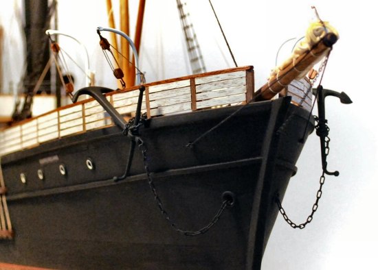 Bows, bowsprit, anchor and furled jib of S.S. Newfoundland model image of bowsprit and anchor