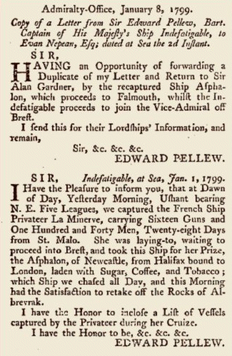 London Gazette - letter from Pellew newspaper article from 1799